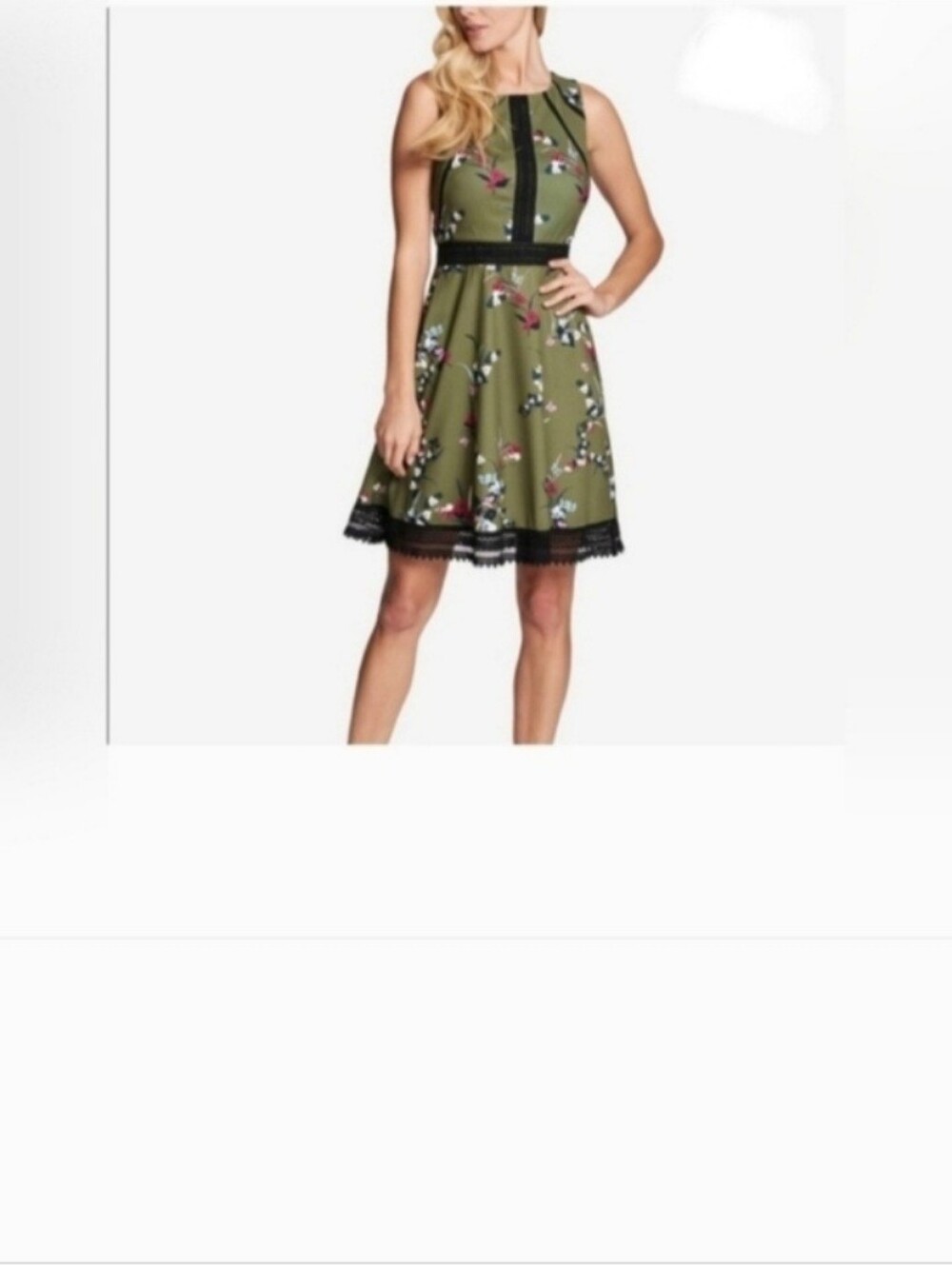 Guess Olive Green Floral Sleeveless Fit-and-Flare Dress with Black Trim